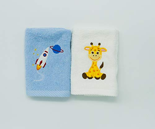 Lex's Linens 2 Stück Kinder-Waschlappen (je 1 Stück) (Giraffe und Rakete).