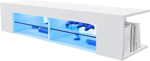 SONNI TV Schrank mit LED (16 Farben) Glasböden Hochglanz Weiß 135x39x30cm | Lowboard für Fernseher bis zu 55 Zoll, Fernsehtisch mit Großer Stauraum, TV-Regal für Wohnzimmer, Esszimmer, Schlafzimmer