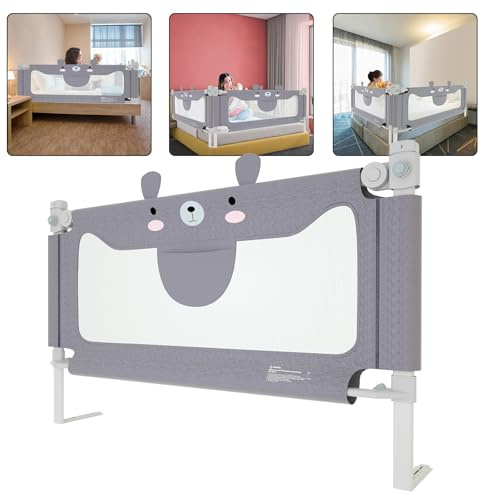 Froadp 150cm Rausfallschutz Baby Bettgitter Schutzgeländer, Höhenverstellbar Kinderbettgitter mit Doppelverriegelungsschutz & Fester Gurt, Bettschutzgitter für Kleinkinder oder Senioren, Bär-grau