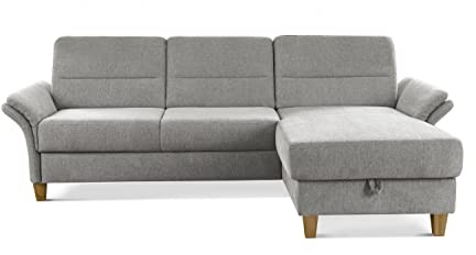 CAVADORE Schlafsofa Wyk mit Federkern / Ecksofa im Landhaus-Stil mit Longchair, Bett, Bettkasten + Armteilfunktion / 252 x 90 x 162 / Chenille, Hellgrau