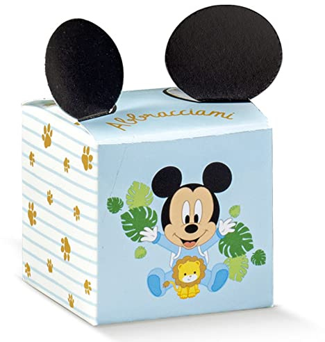 Ingrosso e Risparmio Bomboniere Nascita Bambino 12 pz Scatoline Cubo Celeste Topolino con Orecchie Nere Portaconfetti Segnaposto Bimbo Maschietto Primo Compleanno Battesimo Fai da Te