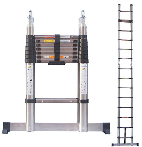 Telescopic 1.9m+1.9m A Frame Ladder Extension Foldable 3.8m Straight Ladder Heavy Duty Stainless Steel Up to 150kg Capacity Non Slip Safety Ladder EN131 Standard for Home Office