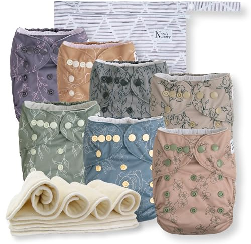 Nora's Nursery Paquete de 7 pañales de tela con 7 insertos y 1 bolsa húmeda, funda impermeable, lavable, reutilizable y tamaño único, pañales de bolsillo ajustables para recién nacidos y niños