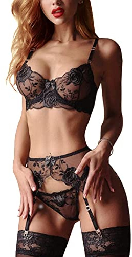 Kimlyf Strapsen Dessous Sexy Set für Damen Dessous Sexy Unterwäsche Reizwäsche mit BH und Slip 3-teilige Große-Rose M