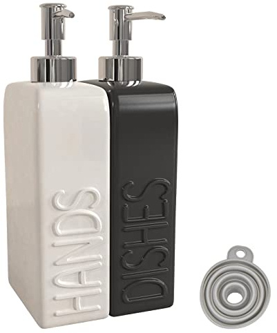 Set di Dispenser di Sapone Karisky con Imbuto, Pastiglie Antiscivolo in Silicone, 2 Confezioni di Detersivo per Piatti e Sapone per Mani Ricaricabile in Ceramica per Cucina, Bagno