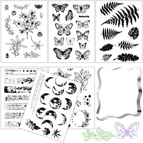TOTSUN 6Pcs Silicone Clear Stamps, 6 Patterns Rubber Stamps for Crafting with 1Pcs Clear Stamping Block for Scrapbooking DIY Crafts Card Making Decoration