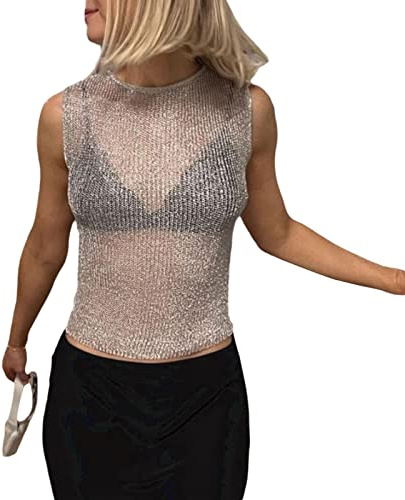 FeMereina Women Sequin Glitter Tank Top Sleeveless See Through Knit Skinny Crop Top Sheer Mesh Hollow Out Sparekly T-Shirt Vest (Silver, S)