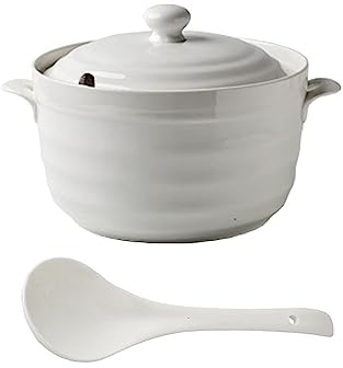 Vnook Tapa de Doble asa, sopera de cerámica Blanca Pura, Plato Blanco Redondo de cerámica, cazuela/Olla de Barro/Olla de Barro/Utensilios de Cocina de cerámica Resistentes al Calor (Size : 2200ml)