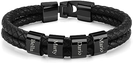 Zysta Bracciale Uomo in Pelle con Anelli di Nome Personalizzate, Braccialetto Rigido a Corda Multistrato Personalizzato Incisione Iniziali, ID Bracciale Identificativo in Cuoio Inciso (4 Beads Nero)