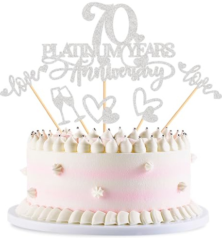 Blumomon 25Pcs 70th Anniversary Cake Toppers Platinum 70th Weddding Anniversary Heart Cake Decoration for 70 Platinum Wedding Celebration Party Supplies