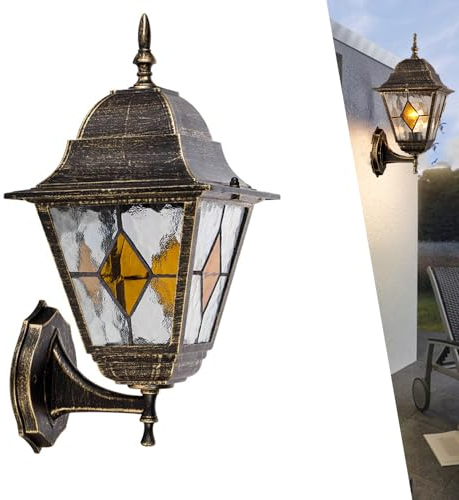 Außenwandlampe Aluminium Glas in Gold Antik Vintage Außen Wandleuchte Garten Laterne, E27 Aussenleuchten Rustikal Wandlampe Wasserdichte Lampenschirm, Außenwandlampe Fur Hof Haus Balkon Flur (B)