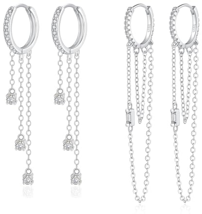 Kamise Silber Creolen Ohrringe Hängend, 925 Sterling Silber Hängeohrringe für Damen, Hypoallergen Mit 5A Zirkonia, Lange Quaste Ketten Kreolen Mit Geschenkbox