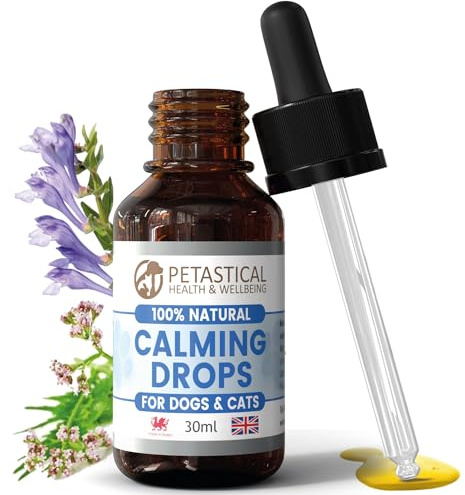 Petastical Beruhigende Hunde, Schädeldach-Baldrian für Hunde, Katzen, angstberuhigende Tropfen, allein zu Hause, Bellen, Laute Geräusche, Feuerwerk und Zwinger (30 ml)“, PET-CALMA-20231110