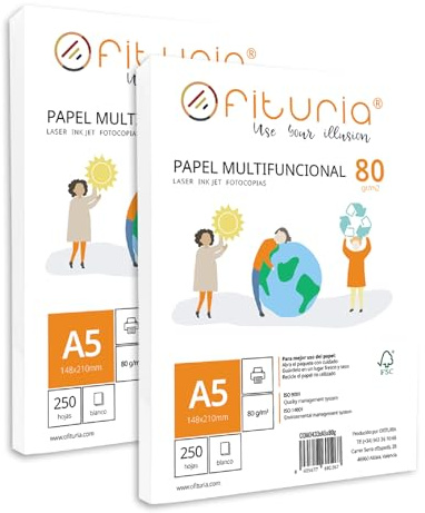 OFITURIA Lot de feuilles A5 de 80 g avec 500 feuilles blanches, papier multifonction pour l'école et les environnements de travail. Idéal pour imprimantes laser, injections ou photocopieuses