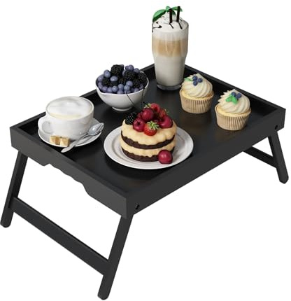 Youpehom Bed Tray Table with Folding Legs,Bamboo Breakfast in Bed for Kitchen Serving Tray,Sofa,Used As Laptop Desk Snack Breakfast Tray (Black, Medium)