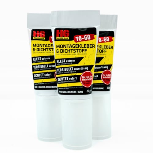 HG POWER GLUE To Go Montagekleber und Dichtstoff extra stark, Kraftkleber für außen und innen, Kleber mit super starker Anfgangshaftung, enorm hohe Endfestigkeit 3 Tuben á 60g