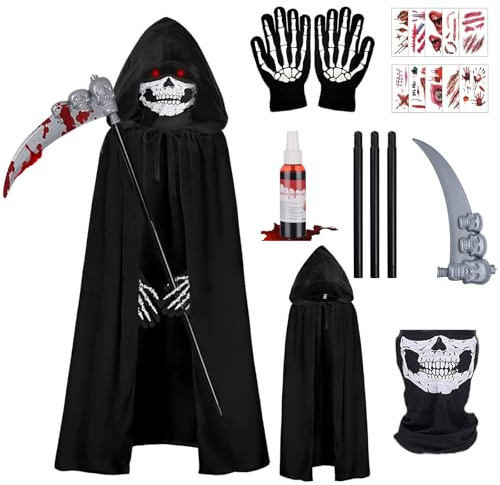 IWTBNOA Disfraz de carnaval para niños, disfraz de Halloween con máscara de calavera, hoz, guantes esqueléticos, capa de Halloween, capa con capucha, capa de vampiro, decoración de