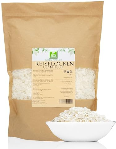 Reisflocken 1kg Reisbrei weiß zartschmelzend Reis Flocken von Green Essence | Reisflocke zum Frühstück, Müsli und Backen, also für hunde, für Reisbrei und Pudding, Vegan, Reis Gemüseflocken 1 kg