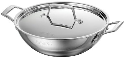 Tramontina Utsava - Kadai de acero inoxidable revestido de tres capas de 2.75 cuartos de galón con tapa, olla Kadhai para cocina india