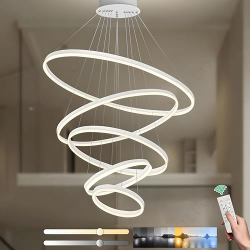 YYUTLUO Moderner DIY-Kreis-LED-Kronleuchter, 5 Weiß Ring, ∅20+40+60+80+100=130W, H200cm Höhe Verstellbar, Metall + Acryl, Dimmbare Fernbedienung Runde Hängelampe, Wohnzimmer Schlafzimmer Restaurant