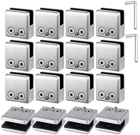 Lot de 16 pinces à verre carrées en acier inoxydable 304 avec entretoise de montage et tournevis hexagonaux pour verre arrière incurvé de 10 à 12 mm
