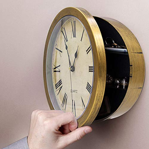 Safe Wanduhr – 25,4 cm batteriebetriebene analoge Uhr mit verstecktem Regal für Geheimfächer und mehr (goldfarben)