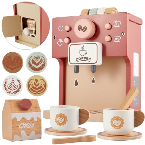 Buyger Utensilios de Cocina de Madera para Niños, Cafetera Juguetes de Madera Infantil, Juego de rol Comida Juguete, Regalos Educativos para Niños Niñas 3 4 5 Años