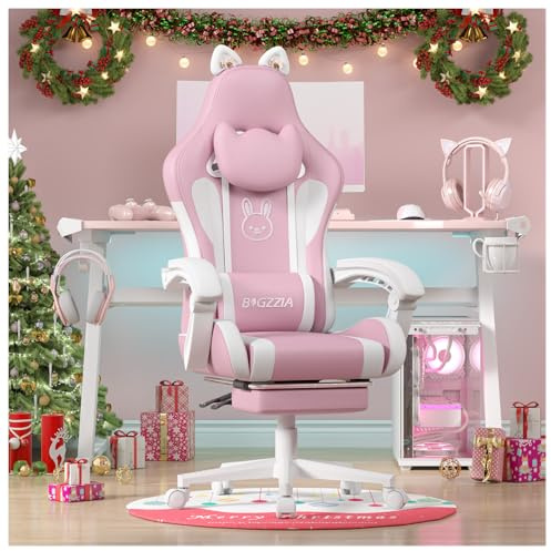 Bigzzia Silla Gaming con Orejas, Silla Gamer con Masaje (Blanco Rosado) | Bonito, Para Chicas, FuncióN De Masajes, ReposapiéS, CóModo, Dormitorio, Rosa, Juvenil, Combina Con Todo
