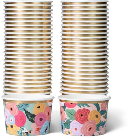 Lot de 50 Pots Glace 266 ml et Coupelles Jetables – Bols en Papier avec Motif Floral et Bord Doré – Pot à Glace Jetable, Coupelle Jetable Chaud/Froid pour Fêtes, Mariages, Desserts et Soupes