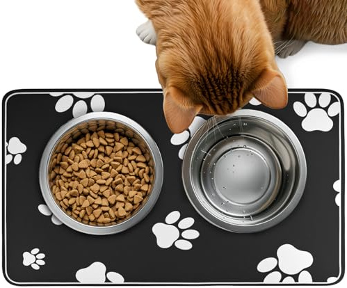 QWORK® 30x50cm Water Absorbent Pet Feeding Mat, Pet Food Bowl Placemat, Easy Clean Feeder Mat for Dogs & Cats, Anti-Slip, Black