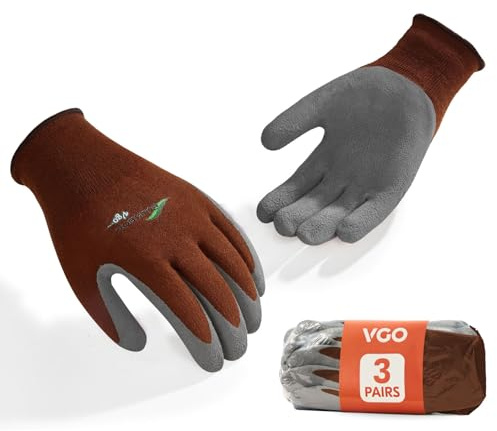 VGO 3 Pares Guantes de Trabajo con Revestimiento de Látex& Fibra de Bambú Transpirable, para Jardinería, Construcción, Bricolaje, Actividades Exterior...Lavables a Máquina(RB6026-ML,Marrón,XL,3 Pares)