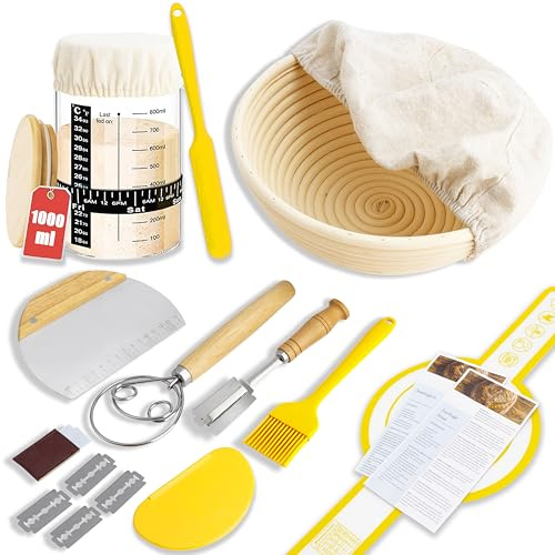 SoLuna.® Sourdough Starter Kit for Bread Making with Banneton Proofing Basket & 1 Litre/1000ml Jar [Premium Glass] - Large Borosilicate Sourdough Starter Jar - Handmade & Eco-friendly Basket (Yellow)