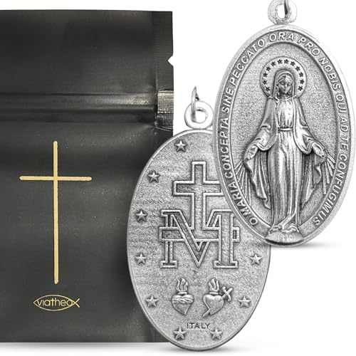 Viatheo Autentisk mirakulös medalj av Jungfru Maria - katolska religiösa smycken för kvinnor och män - gyllene kristna hänge trossymbol - presentidé för dop och nattvard, 4 cm x 2,5 cm, Metall, Ingen