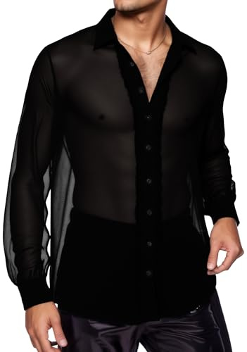 AIEOE Herr genomskinlig chiffongskjorta långärmad transparent skjorta sexig klubbkläder party outfit nätskjorta sommar topp, svart, XL