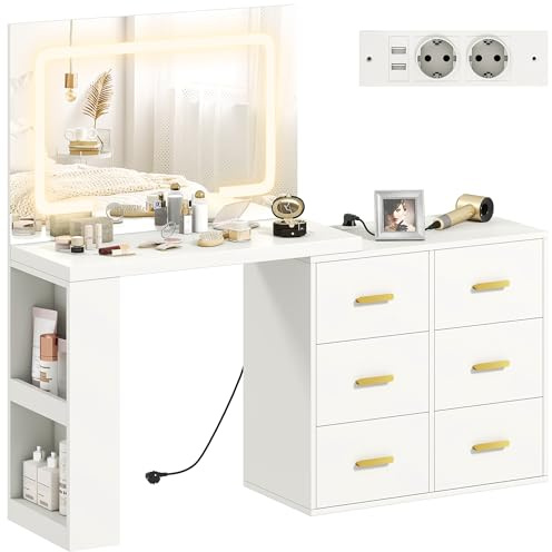 HOMCOM Postazione Trucco Affiancati o Forma di L con Luci LED, 3 Colori, Luminosità Regolabile, Toeletta Trucco con Prese Elettrica, Cassetti Soft Close, Specchio, Ripiani, per Camera da Letto, Bianco