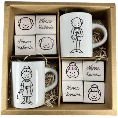 Set 2 Tazzine da Caffè Espresso Personalizzate con Nomi e 24 Cioccolatini | Idea Regalo Festa dei Nonni, Nonna e Nonno, Scatola Regalo Speciale