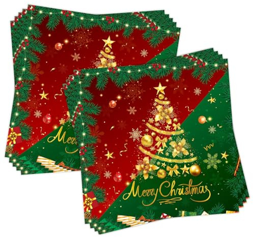 40 Stück Weihnachtsservietten 33x33 cm – Rote und Grüne Servietten Weihnachten mit Tannenbaum Motiv, Hochwertige Papierservietten für Festliche Tischdeko, Servietten Weihnachten Klein