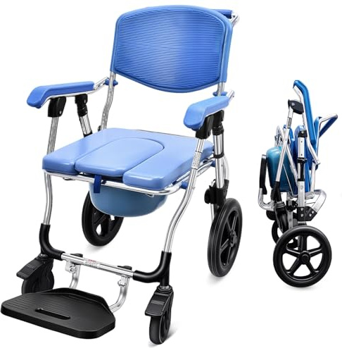 Bedside Commode & Shower Chair with Lockable Wheels-Anti-Sponge Padded Seat,Foldable Mobile Toilet Shower Stool 3-Level Height, 5L Bucket, 330 LBS.Ideal for Elderly/Disabled in Bathrooms & Beside Beds