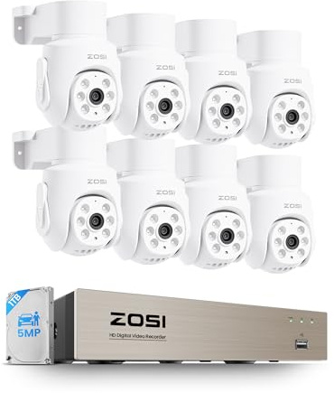 ZOSI PTZ 360°Kit Caméra Surveillance Filaire Dôme Extérieure 8CH 5MP DVR | Détection Humaine/Véhicule, Vision Nocturne 20m, 1TB HDD Enregistrement 24/7 & Alerte Instantanée, Blanc