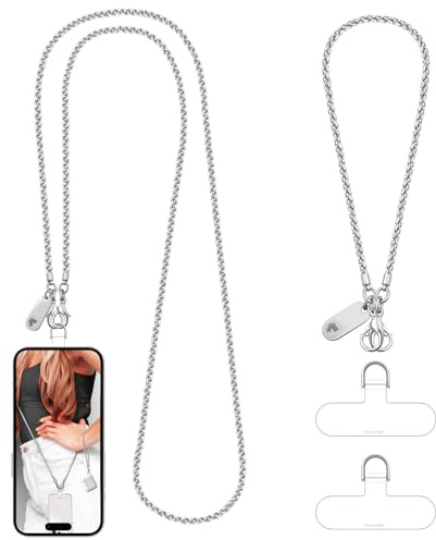 UKON Mobile Phone Lanyard Crossbody and Wrist Strap Set, Metal Phone Chain Neck Strap for Women Anti Theft iPhone Lanyard Strap with Tether Tabs, Detachable iPhone Chain for Women Girls (Pale Silver)