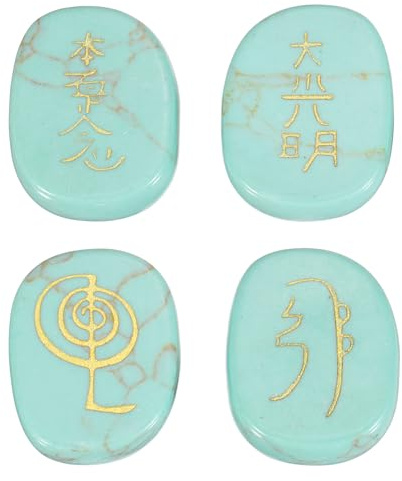 QUARKZMAN 4 Piezas De Piedras De Chakra Grabadas Con Símbolos Reiki | Piedras De Cristal De Curación Reiki Turquesa, 7 Piedras De Cristal De Chakra, Piedras Pulidas Para Palma