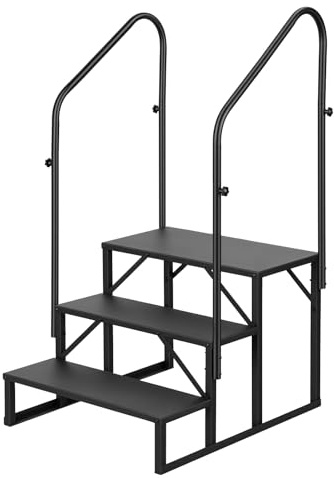 3 Step RV Ladder Stairs, Dual Handrail RV Entry Steps, 660lbs Load Capacity Trailer Step Platform Anti Slip Hot Tub Steps Portable Outdoor Ladder Stairs for Camper Porch Pool Access (Black)