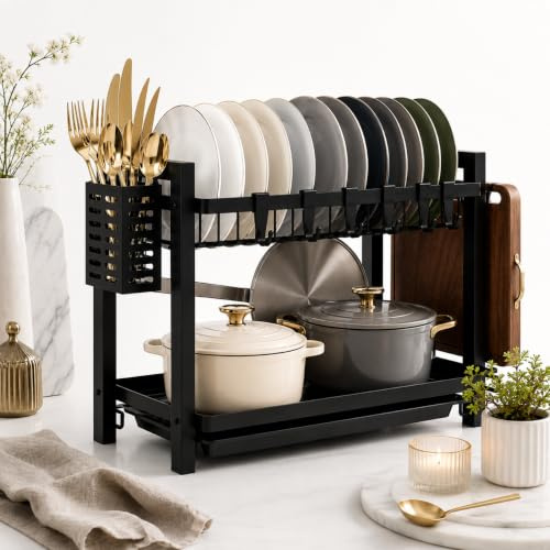 Toyana Dish Drainer Rack with Drip Tray - 2 Tier Space-Saving Kitchen Drying Rack for Countertop, Matt Black Carbon Steel Dish Rack with Cutlery Holder