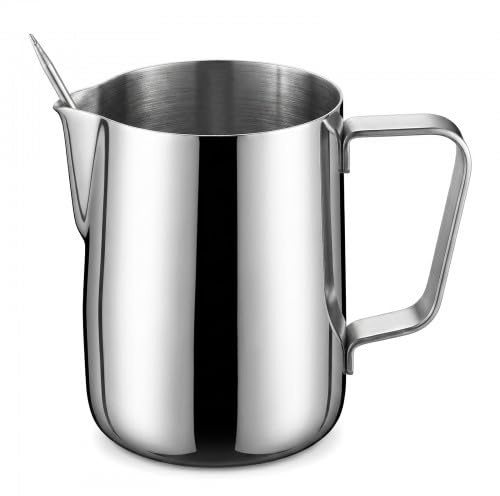 Pentolino Latte, 350 ml/12 oz Bricco Latte In Acciaio Inox con Marchio di Misurazione e Caffè Latte Art Pen, Professionale Brocca In Schiuma per Espresso, Cappuccino, Argento