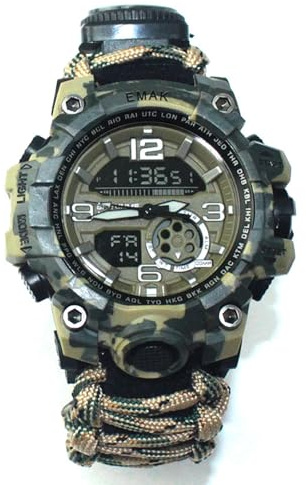 Confozen Montre de Survie 6-en-1, Camouflage, Bracelet Paracorde Militaire, Boussole HD, Thermomètre, Sifflet, 23 cm