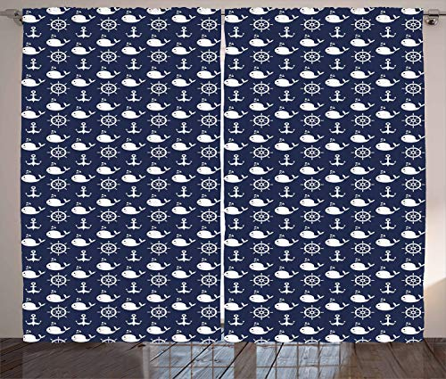 ABAKUHAUS Navy blau Rustikaler Vorhang, Maritimer Ankerwal, Wohnzimmer Universalband Gardinen mit Schlaufen und Haken, 280 x 225 cm, Marineblau Weiß