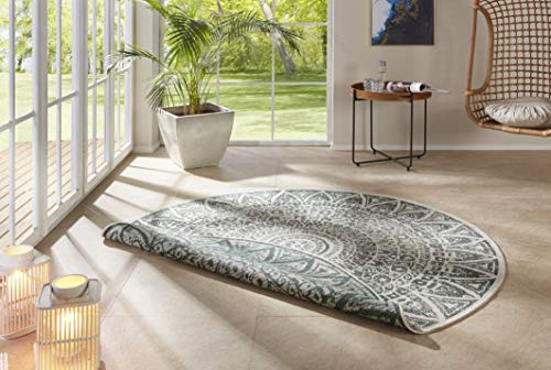 Freundin Home Collection Nora In- & Outdoor Teppich Rund – Wendeteppich Wetterfest Modernes Design Runder Teppich für Balkon Terrasse Wintergarten Badteppich Wohnzimmerteppich, Grün Creme, 200cm