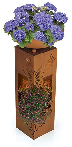 Hoberg LED Pflanzsäule 3D Schmetterling-Design in Rost-Optik | Abnehmbare Pflanzschale (Ø 34cm) | Für In- und Outdoor geeignet | Integrierte Beleuchtung, 6h Timer, kabellos [19 x 19 x 72 cm]