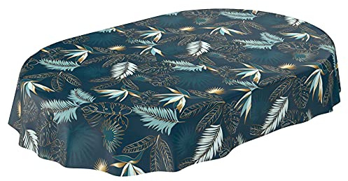 Tovaglia cerata, tovaglia in tela cerata, lavabile, per interni, esterni, giardino, ovale, 180 x 140 cm, motivo con foglie oro e blu