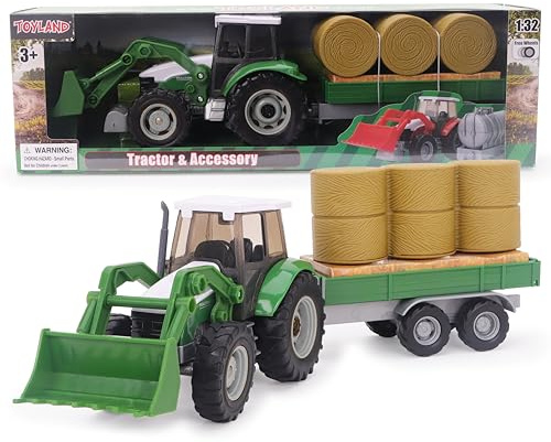 Toyland® 36cm (14“) Set da gioco a tema fattoria con trattore verde, caricatore frontale e rimorchio staccabile con balle di fieno - Scala 1:32